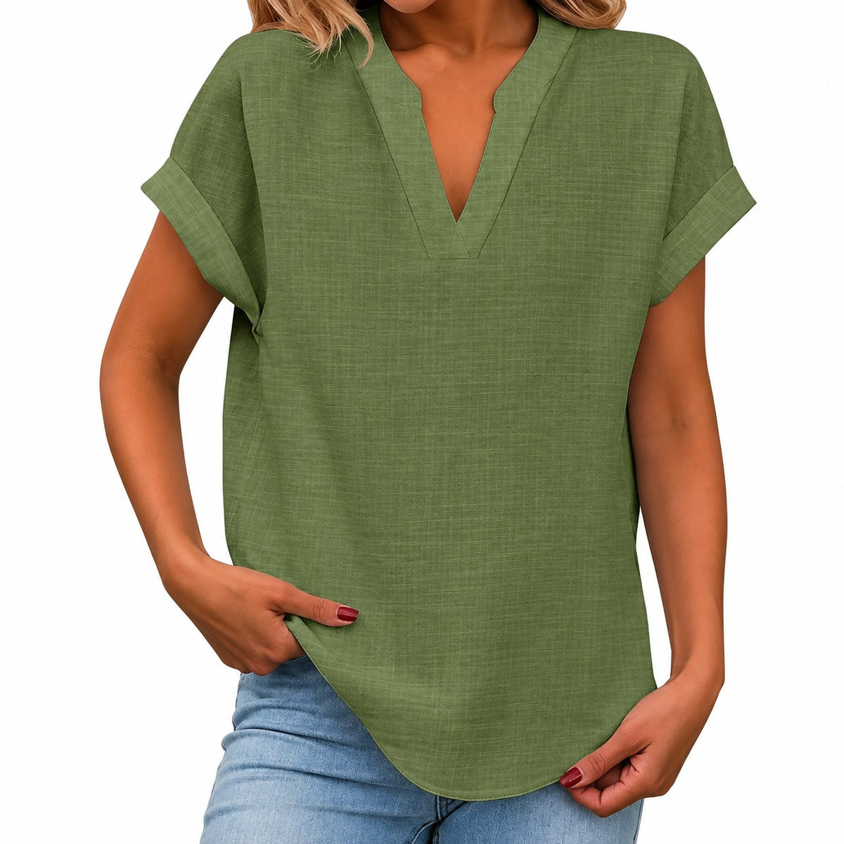 Blusa Maira™ con Mangas Cortas Dobladas y Bajo Redondeado