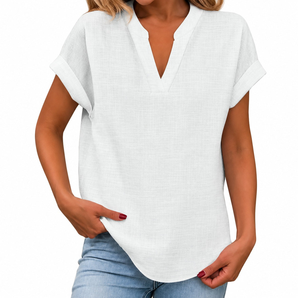 Blusa Maira™ con Mangas Cortas Dobladas y Bajo Redondeado