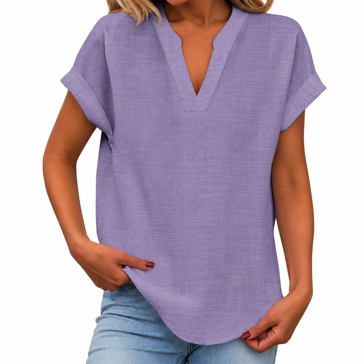Blusa Maira™ con Mangas Cortas Dobladas y Bajo Redondeado