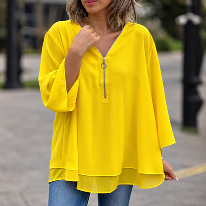 Blusa Alessa™ con Cremallera Frontal, Corte Amplio y Bajo en Capas