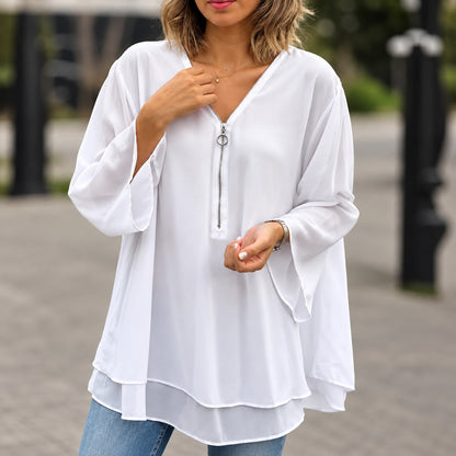 Blusa Alessa™ con Cremallera Frontal, Corte Amplio y Bajo en Capas