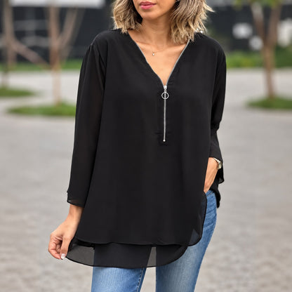 Blusa Alessa™ con Cremallera Frontal, Corte Amplio y Bajo en Capas