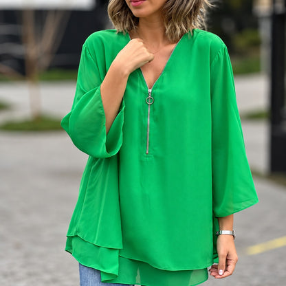 Blusa Alessa™ con Cremallera Frontal, Corte Amplio y Bajo en Capas