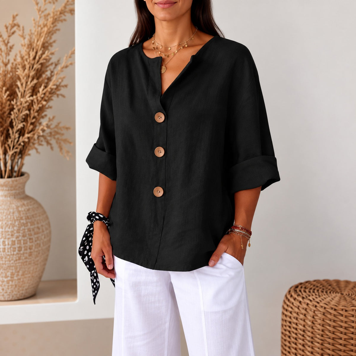 Blusa Avelora™ con Corte Holgado, Botones Frontales y Caída Ligera