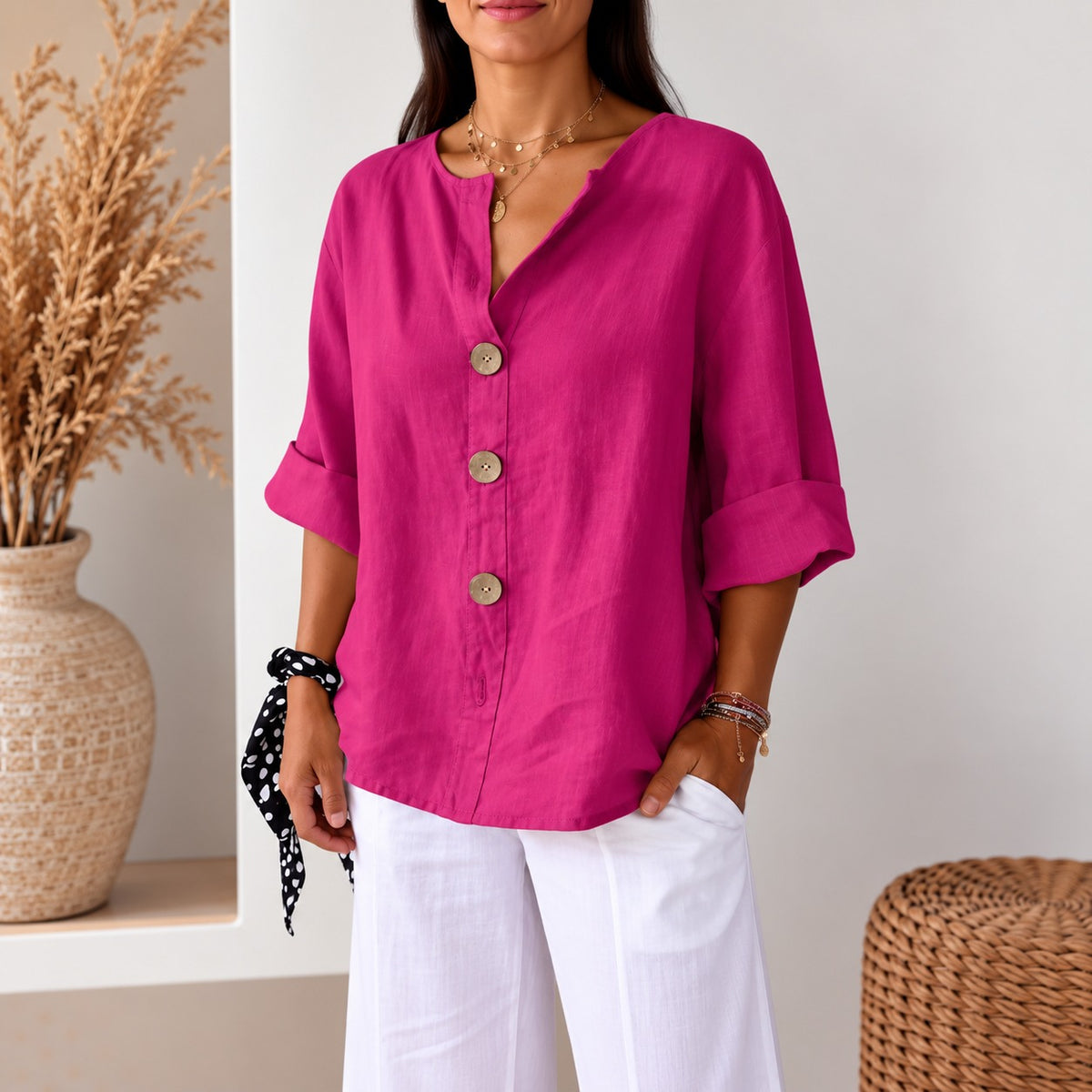Blusa Avelora™ con Corte Holgado, Botones Frontales y Caída Ligera