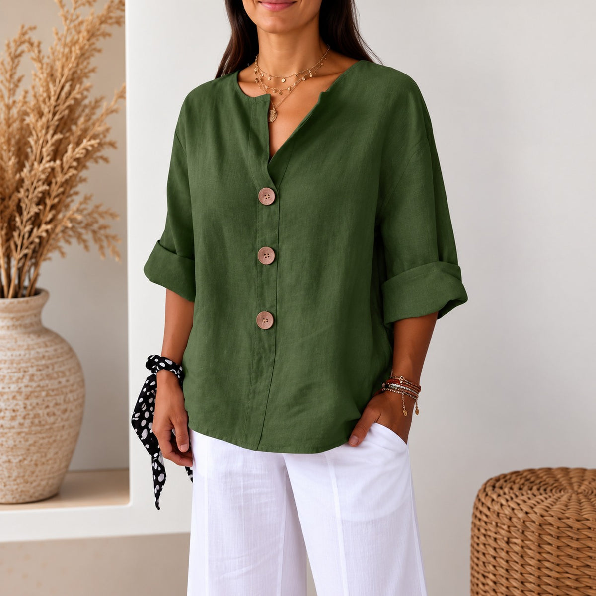 Blusa Avelora™ con Corte Holgado, Botones Frontales y Caída Ligera
