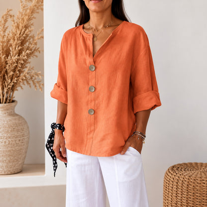 Blusa Avelora™ con Corte Holgado, Botones Frontales y Caída Ligera