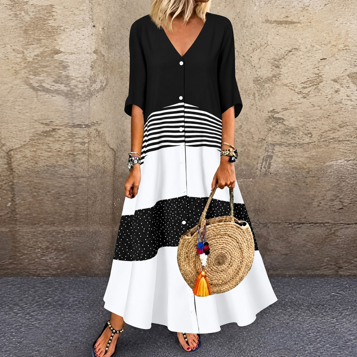 Vestido Sabina™ con Bloques Contrastantes, Rayas y Botones Frontales