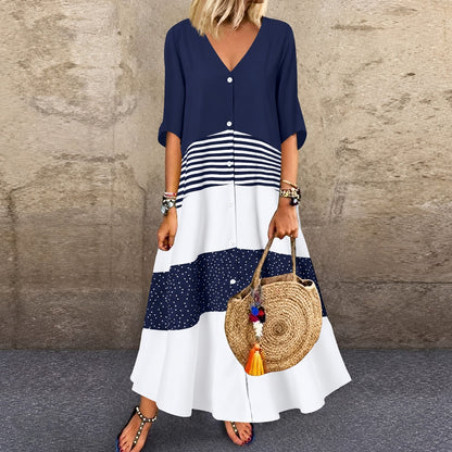 Vestido Sabina™ con Bloques Contrastantes, Rayas y Botones Frontales