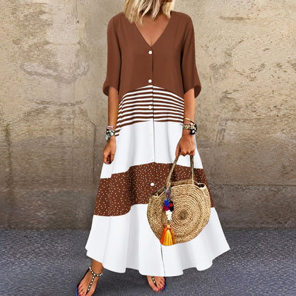 Vestido Sabina™ con Bloques Contrastantes, Rayas y Botones Frontales