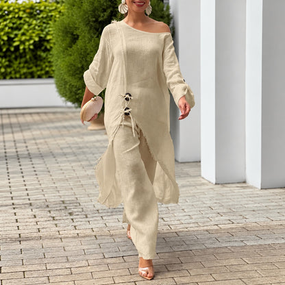 Conjunto Alboran™ con Blusa Asimétrica de Lazadas y Pantalón de Caída Fluida