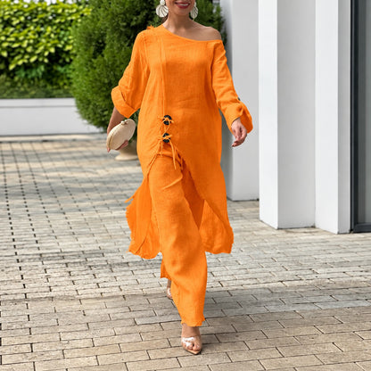 Conjunto Alboran™ con Blusa Asimétrica de Lazadas y Pantalón de Caída Fluida