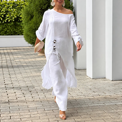 Conjunto Alboran™ con Blusa Asimétrica de Lazadas y Pantalón de Caída Fluida