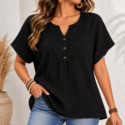 Blusa Selena™ con Encaje Ornamental en el Escote y Corte Holgado