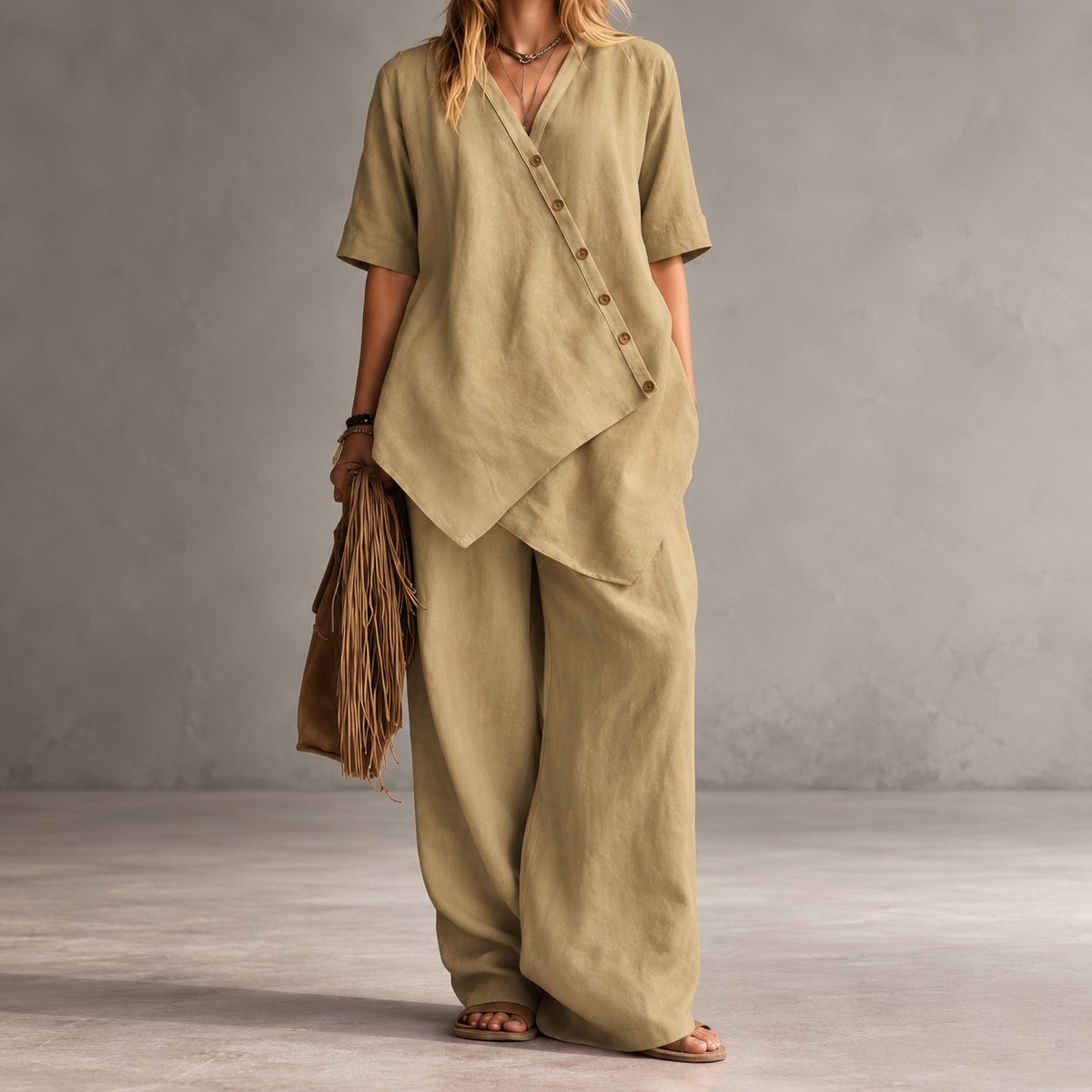Conjunto Noemi™ con Blusa Asimétrica y Pantalón Palazzo