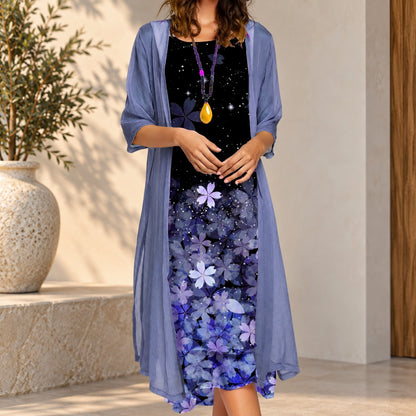 Conjunto Luarca™ con Vestido Floral y Cárdigan Largo Translúcido