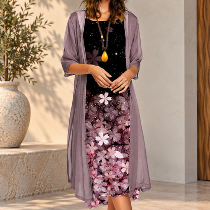 Conjunto Luarca™ con Vestido Floral y Cárdigan Largo Translúcido