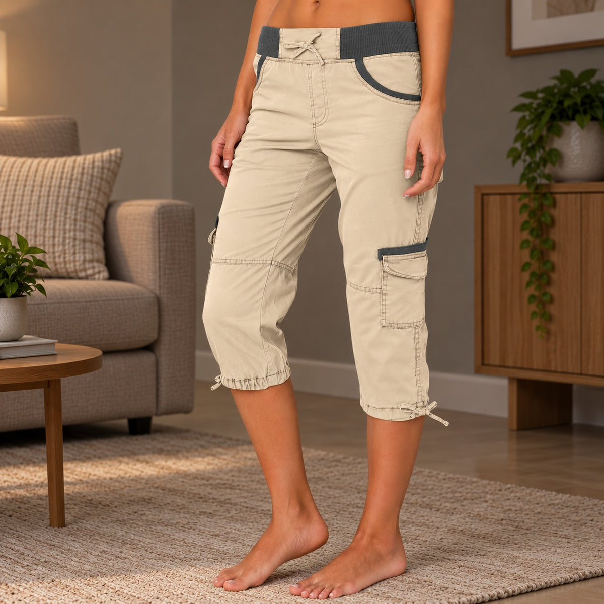Pantalón Capri Celia™ con Cintura Ancha y Bolsillos Utilitarios