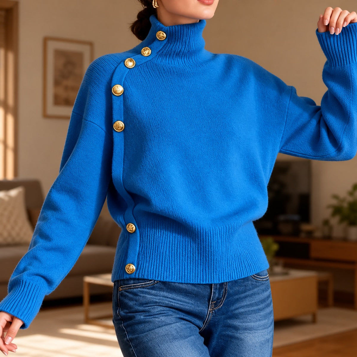 Suéter Lisette™ con Cuello Alto, Botones Dorados Asimétricos y Cintura Acanalada