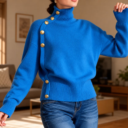 Suéter Lisette™ con Cuello Alto, Botones Dorados Asimétricos y Cintura Acanalada