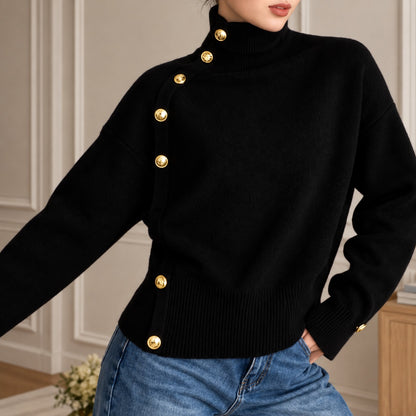 Suéter Lisette™ con Cuello Alto, Botones Dorados Asimétricos y Cintura Acanalada