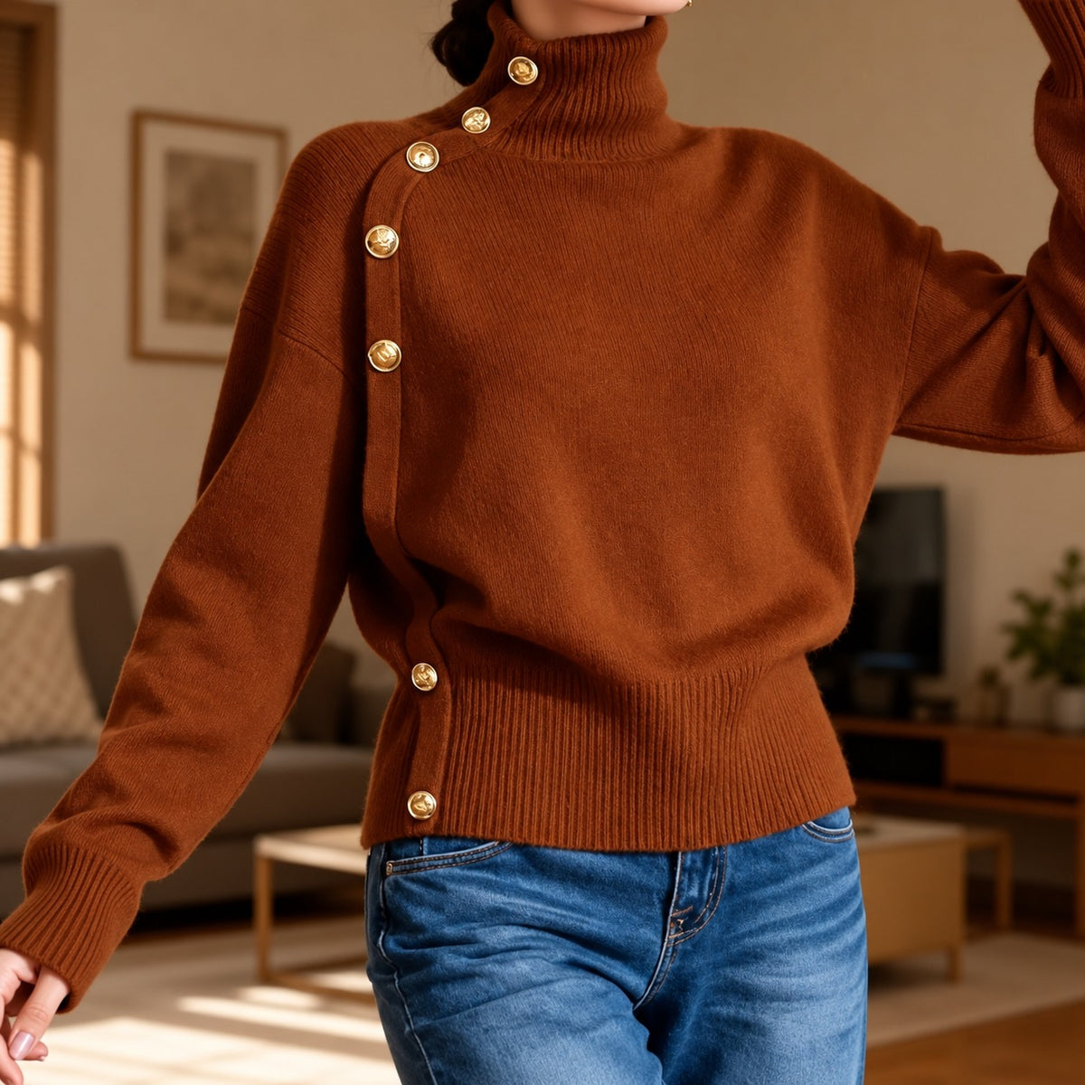 Suéter Lisette™ con Cuello Alto, Botones Dorados Asimétricos y Cintura Acanalada