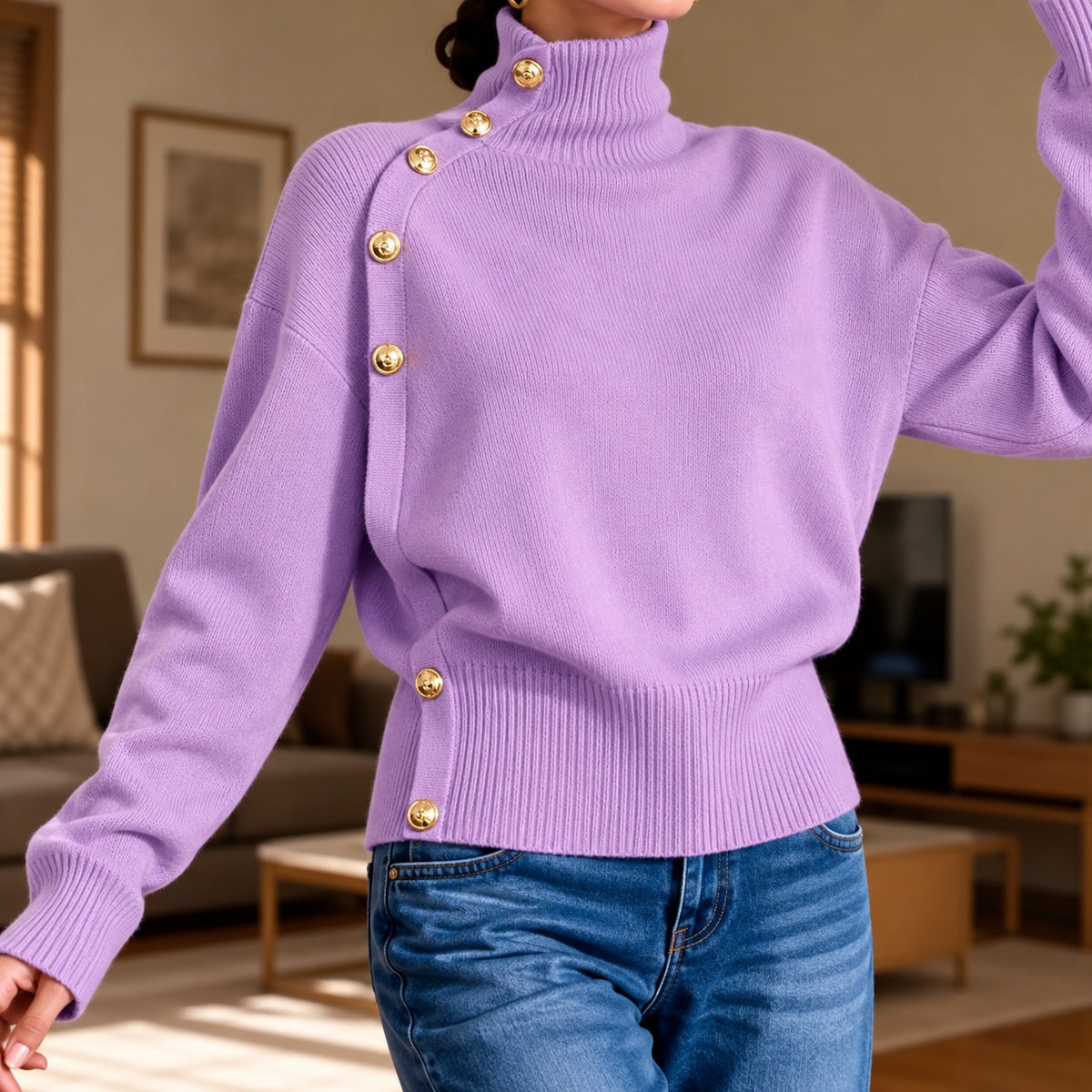 Suéter Lisette™ con Cuello Alto, Botones Dorados Asimétricos y Cintura Acanalada