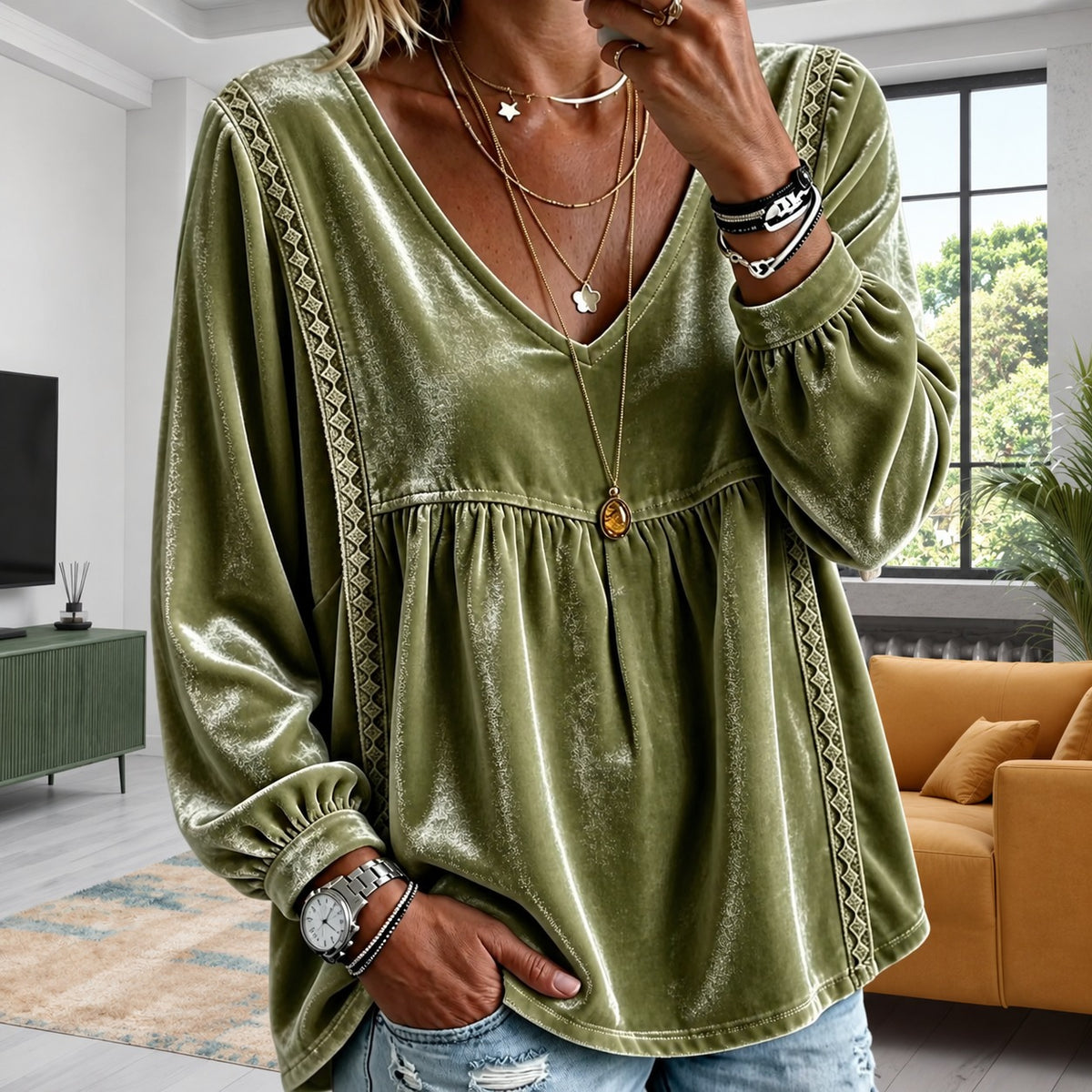 Blusa Bianca™ con Textura Ligera Tipo Terciopelo, Escote en V y Encaje Geométrico