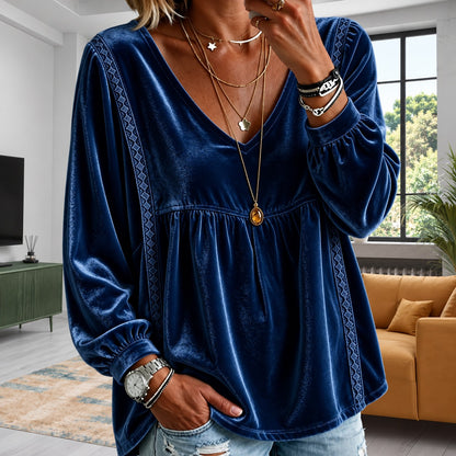 Blusa Bianca™ con Textura Ligera Tipo Terciopelo, Escote en V y Encaje Geométrico