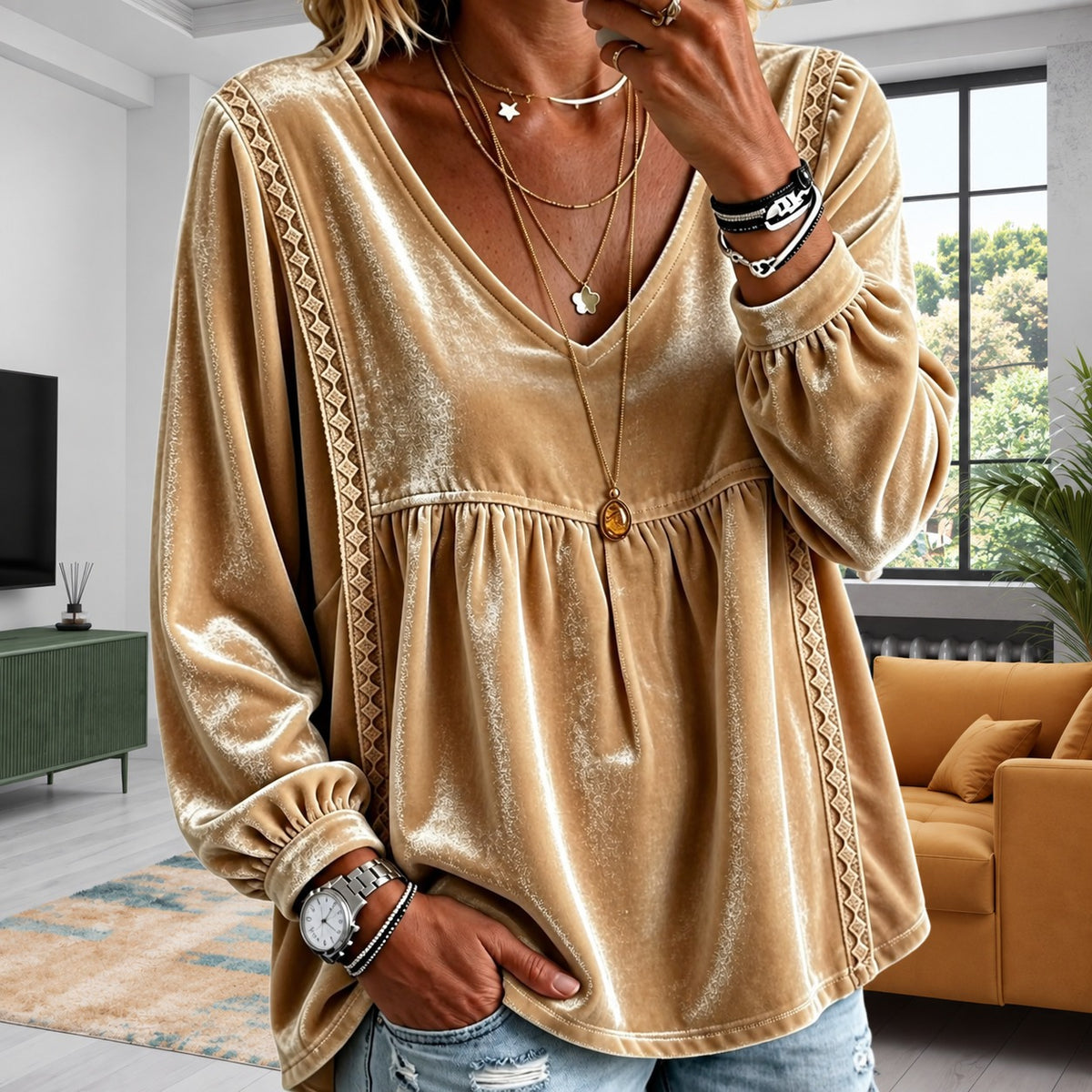 Blusa Bianca™ con Textura Ligera Tipo Terciopelo, Escote en V y Encaje Geométrico