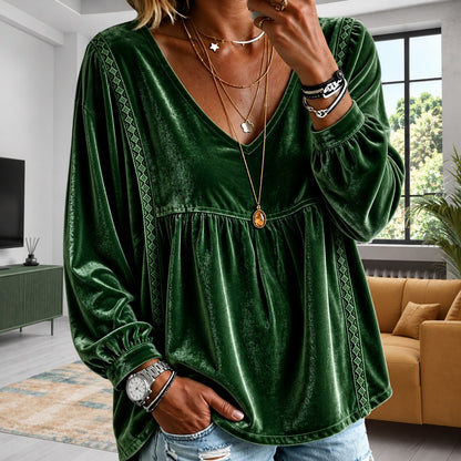 Blusa Bianca™ con Textura Ligera Tipo Terciopelo, Escote en V y Encaje Geométrico