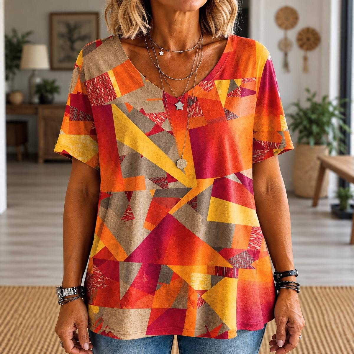 Blusa Morella™ con Estampado Abstracto, Escote V y Corte Amplio