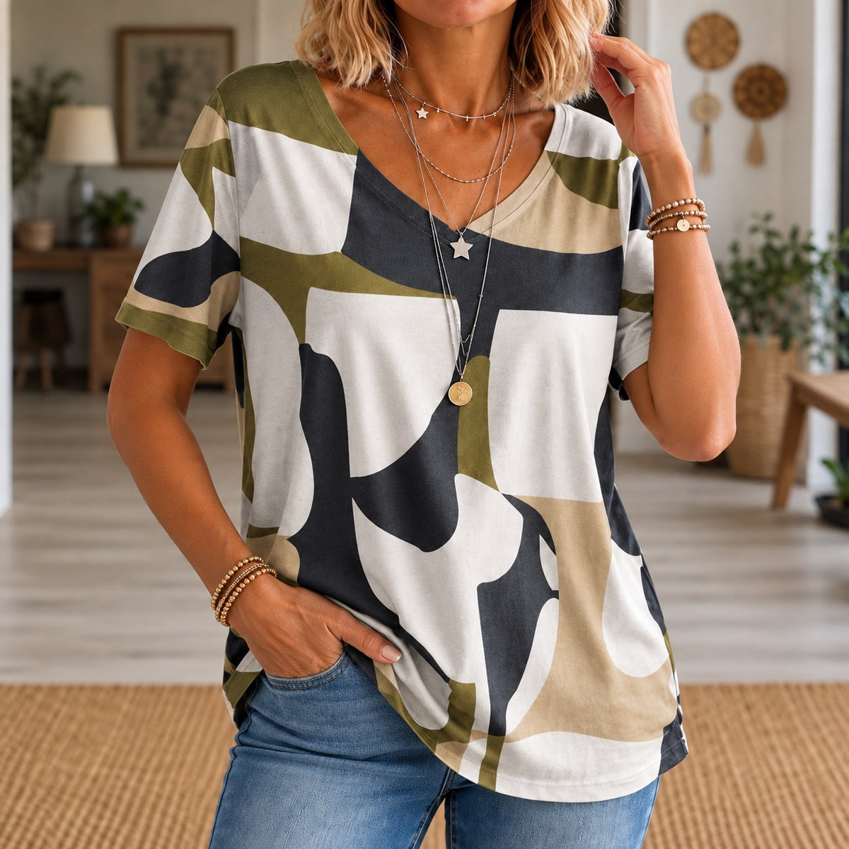 Blusa Morella™ con Estampado Abstracto, Escote V y Corte Amplio