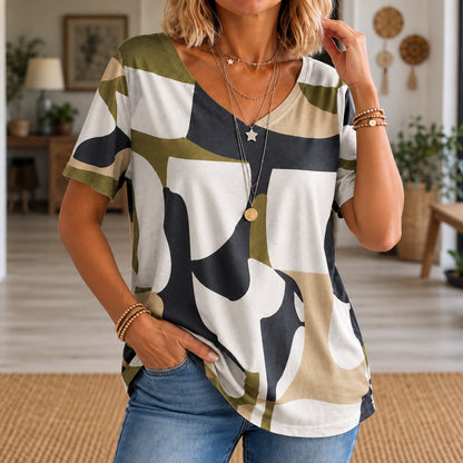 Blusa Morella™ con Estampado Abstracto, Escote V y Corte Amplio