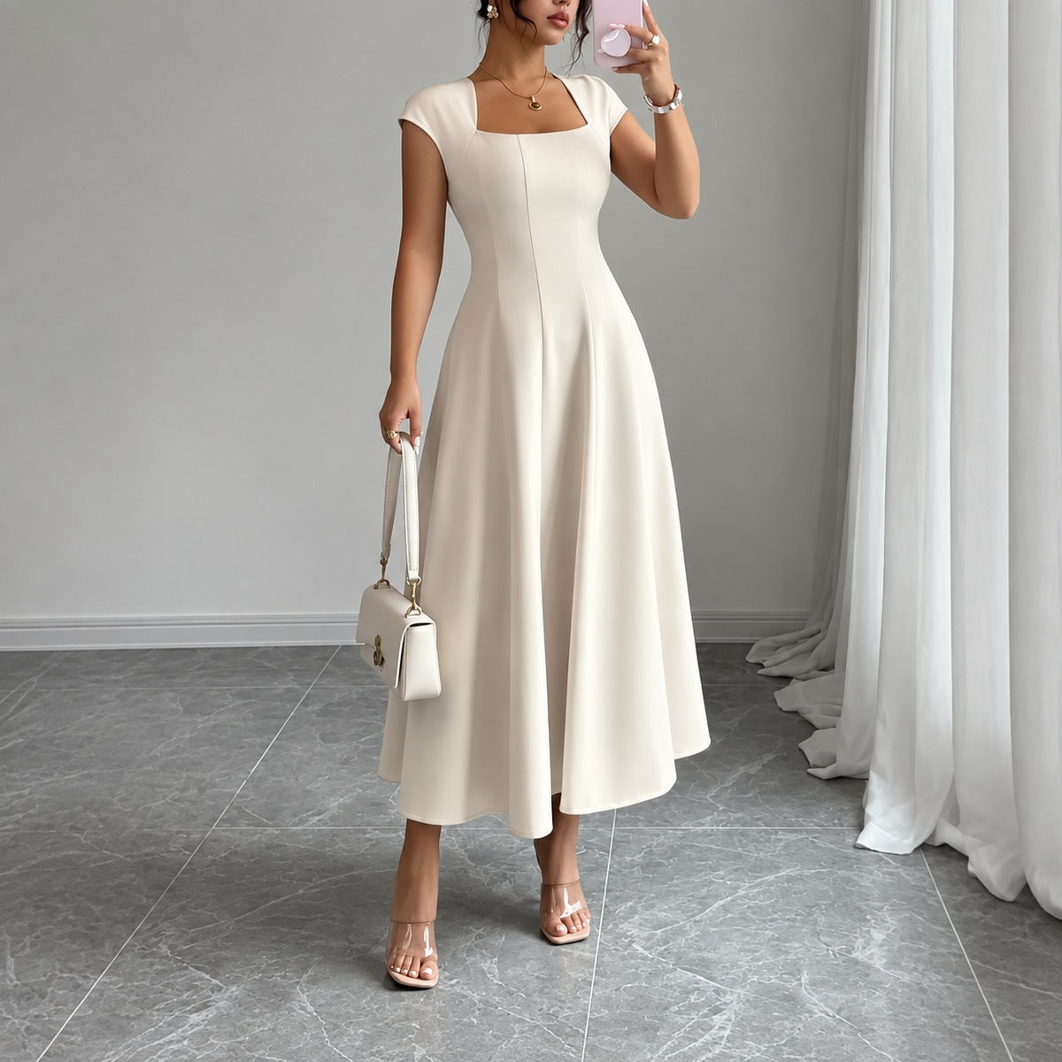 Vestido Alejandra™ con Escote Cuadrado y Falda Midi Evasé