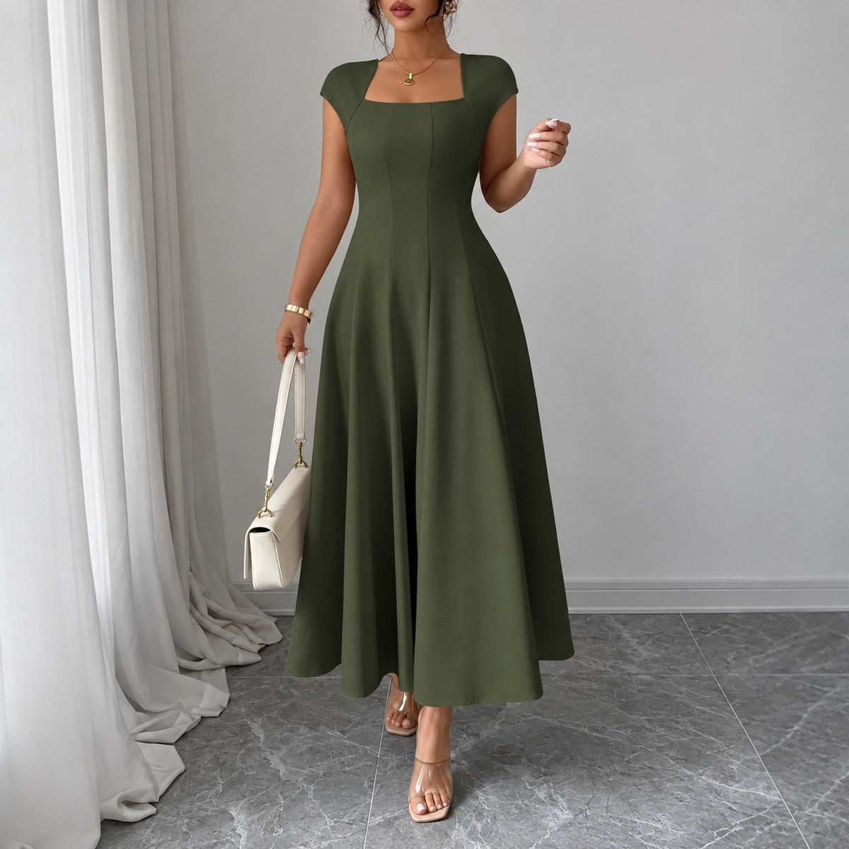 Vestido Alejandra™ con Escote Cuadrado y Falda Midi Evasé