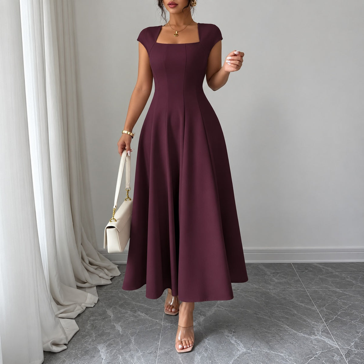 Vestido Alejandra™ con Escote Cuadrado y Falda Midi Evasé