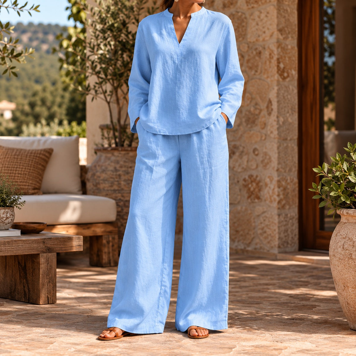 Conjunto Arezia™ con Blusa de Manga Larga y Pantalón Palazzo Amplio