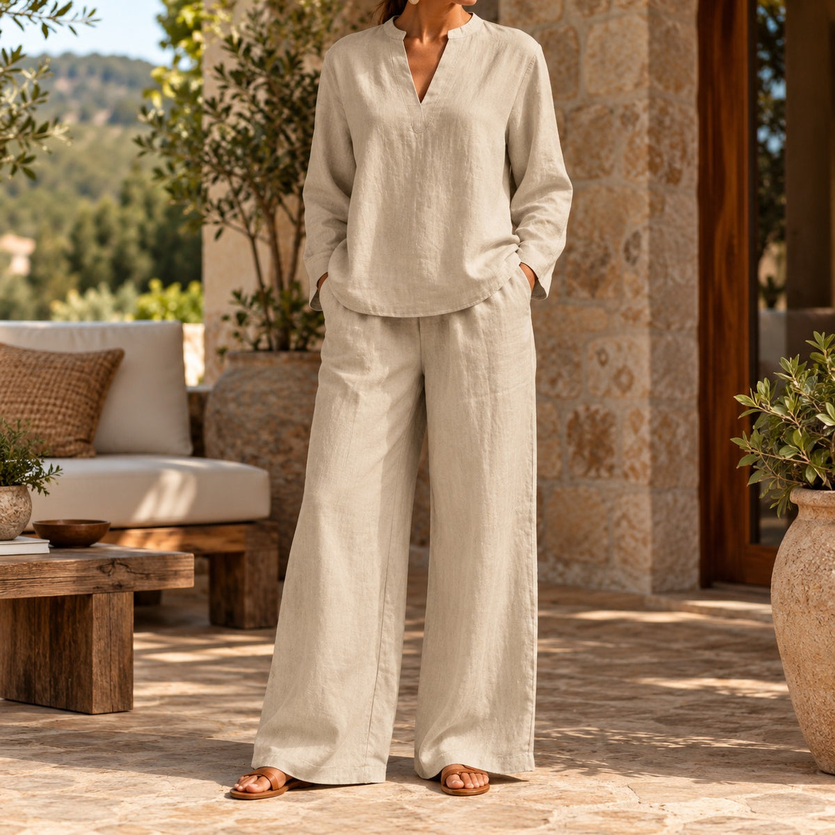Conjunto Arezia™ con Blusa de Manga Larga y Pantalón Palazzo Amplio