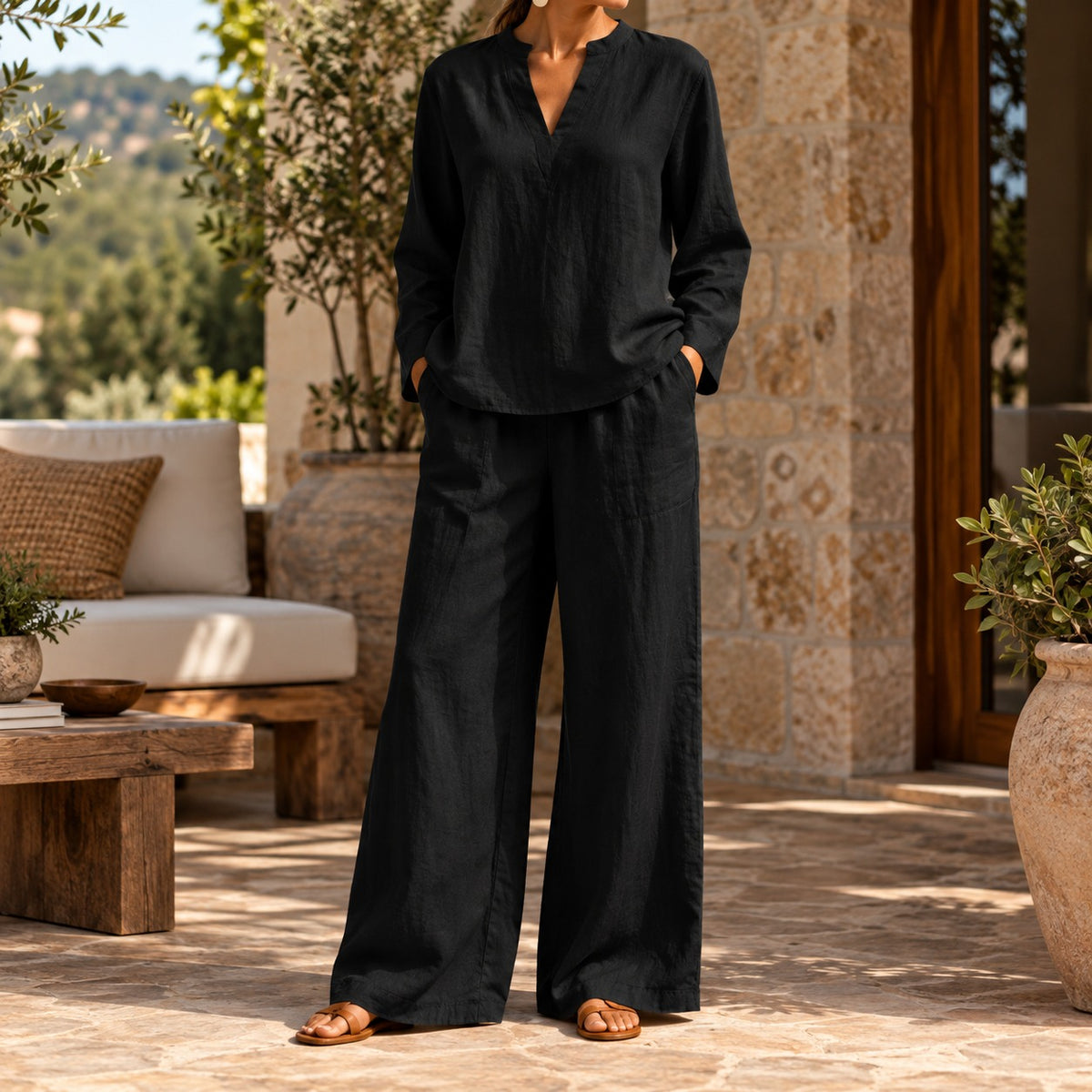 Conjunto Arezia™ con Blusa de Manga Larga y Pantalón Palazzo Amplio