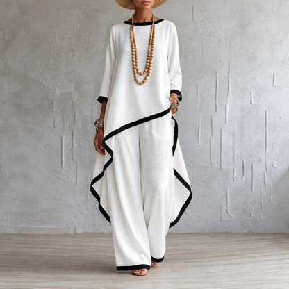 Conjunto Merida™ con Blusa Asimétrica, Pantalón de Pierna Ancha y Ribetes Contrastantes