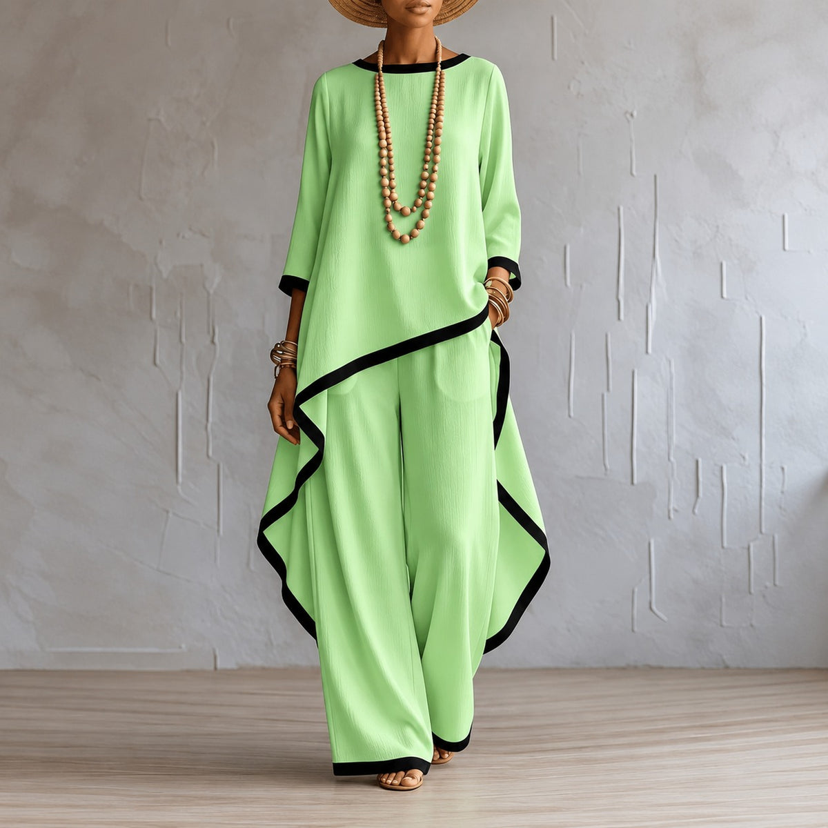 Conjunto Merida™ con Blusa Asimétrica, Pantalón de Pierna Ancha y Ribetes Contrastantes