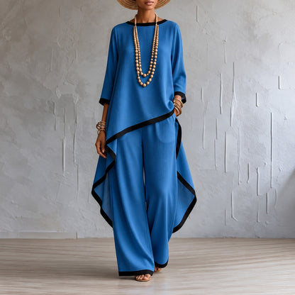 Conjunto Merida™ con Blusa Asimétrica, Pantalón de Pierna Ancha y Ribetes Contrastantes