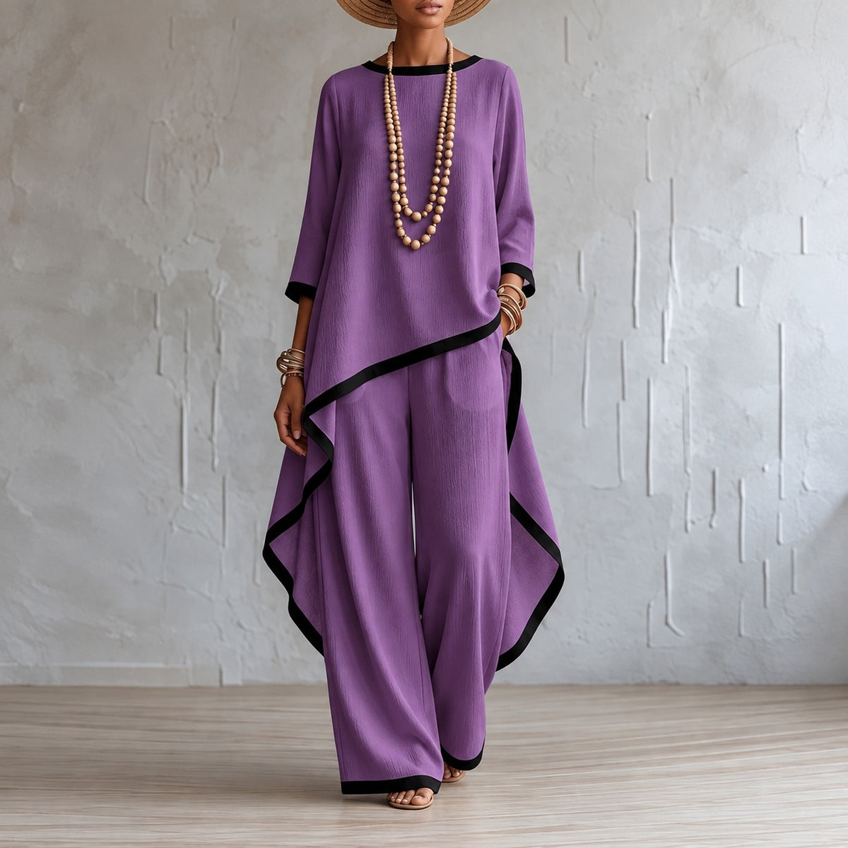 Conjunto Merida™ con Blusa Asimétrica, Pantalón de Pierna Ancha y Ribetes Contrastantes