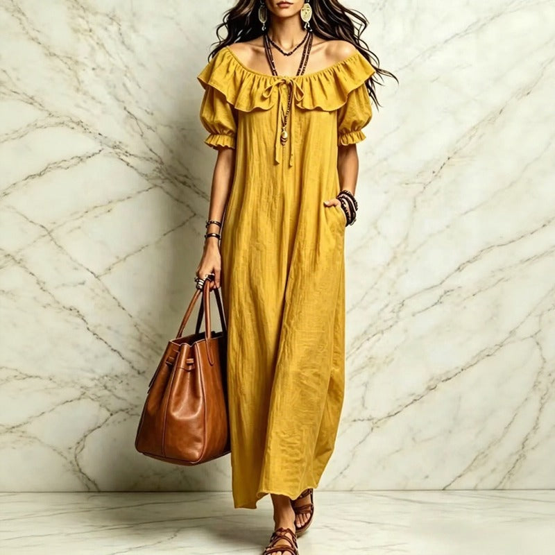 Vestido Neroli™ con Escote de Hombros Descubiertos, Volante Encantador y Caída Suelta