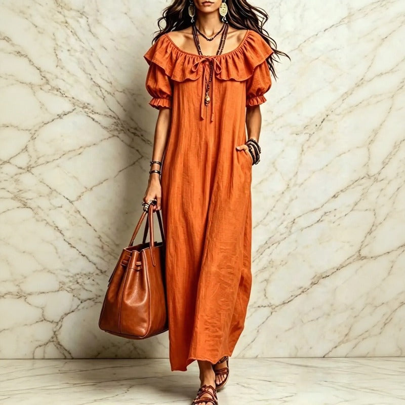 Vestido Neroli™ con Escote de Hombros Descubiertos, Volante Encantador y Caída Suelta