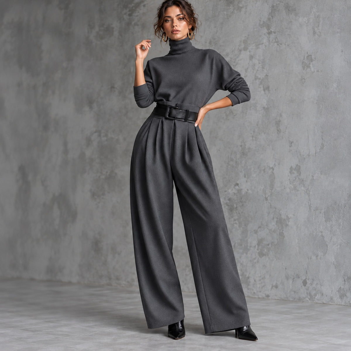 Conjunto Estella™ de Estilo Elegante con Blusa de Cuello Alto y Pantalón de Sastrería con Cinturón