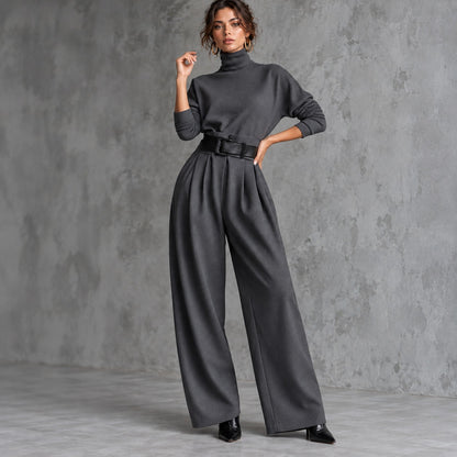 Conjunto Estella™ de Estilo Elegante con Blusa de Cuello Alto y Pantalón de Sastrería con Cinturón