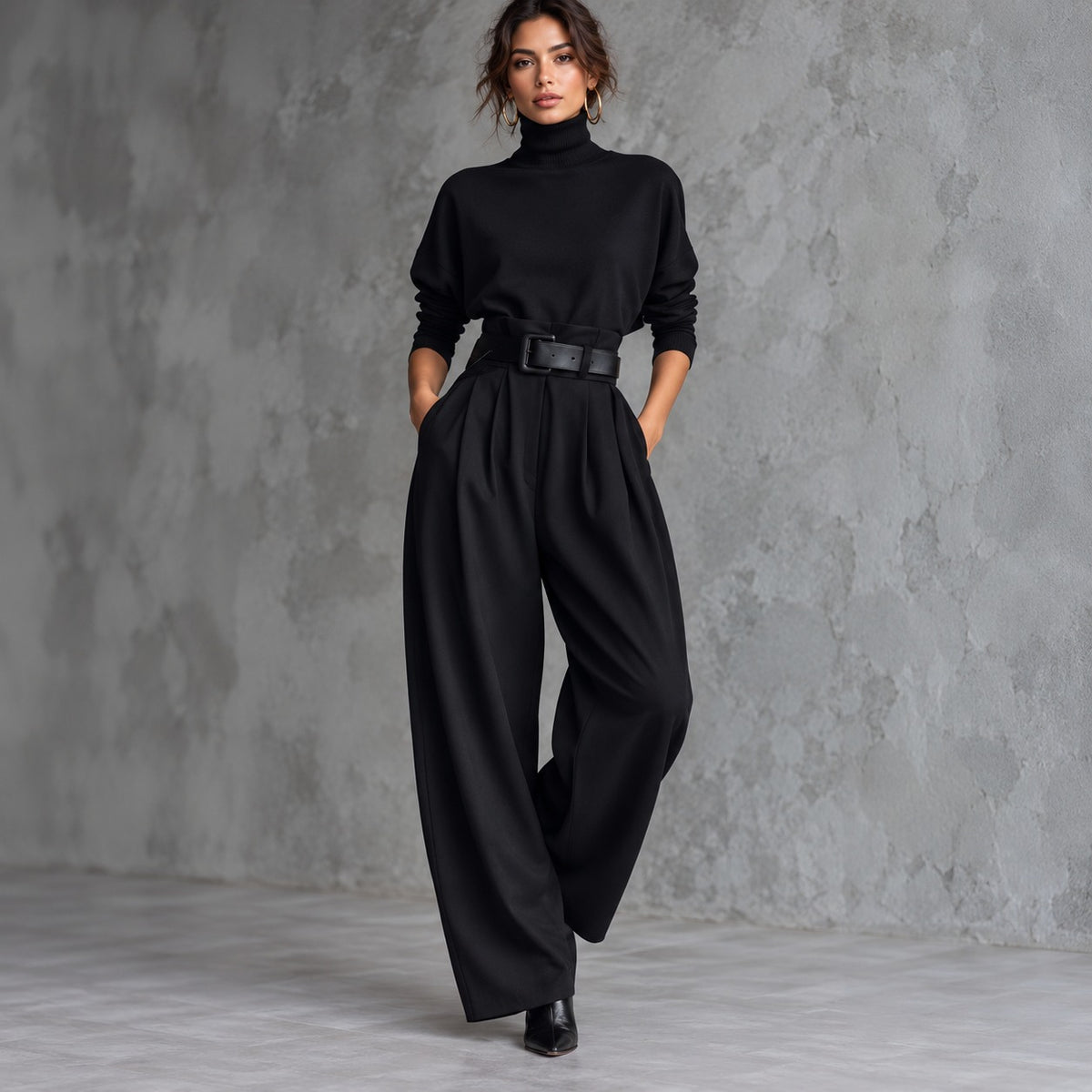 Conjunto Estella™ de Estilo Elegante con Blusa de Cuello Alto y Pantalón de Sastrería con Cinturón