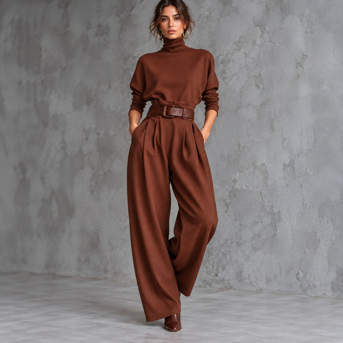 Conjunto Estella™ de Estilo Elegante con Blusa de Cuello Alto y Pantalón de Sastrería con Cinturón